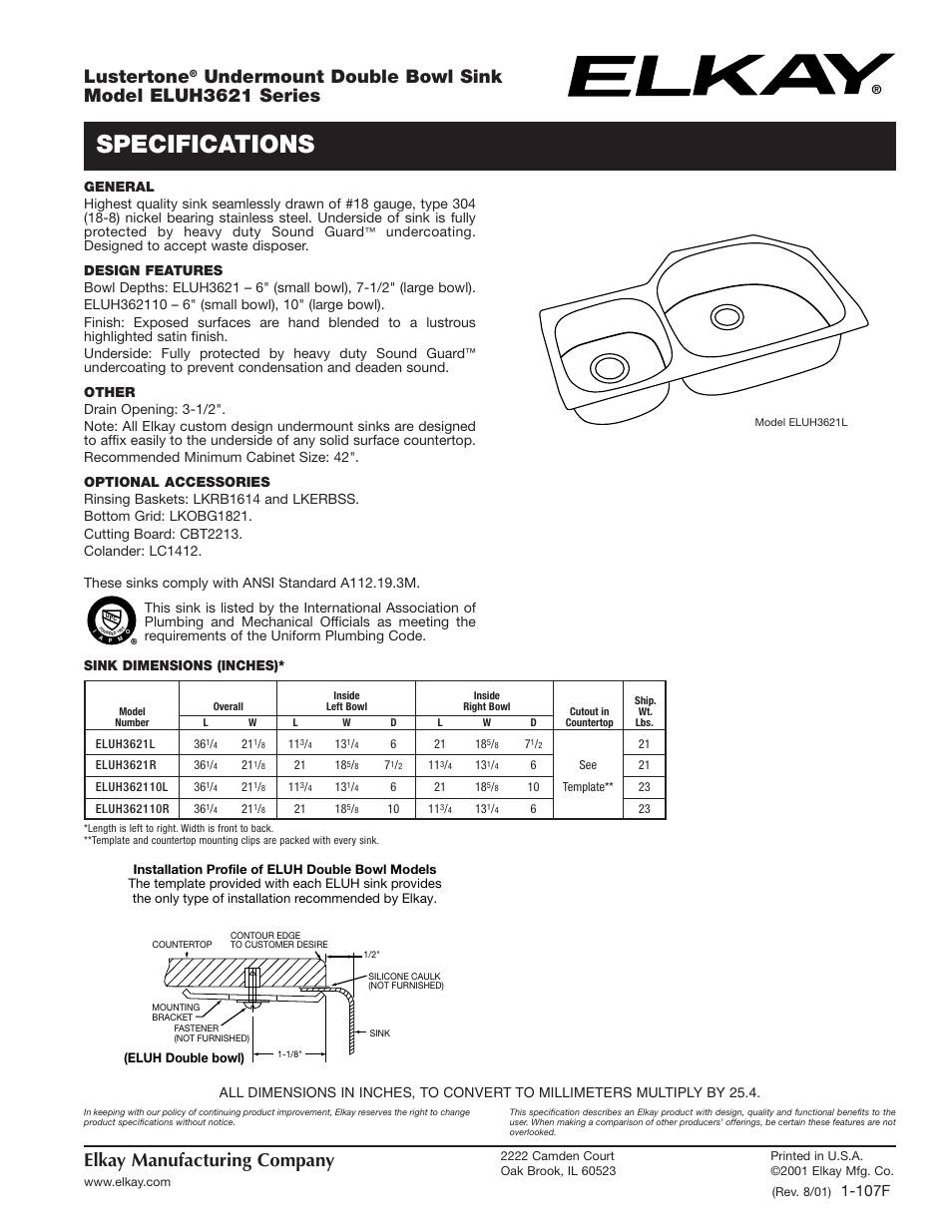 Elkay ELUH3621 Series User Manual | 2 pages