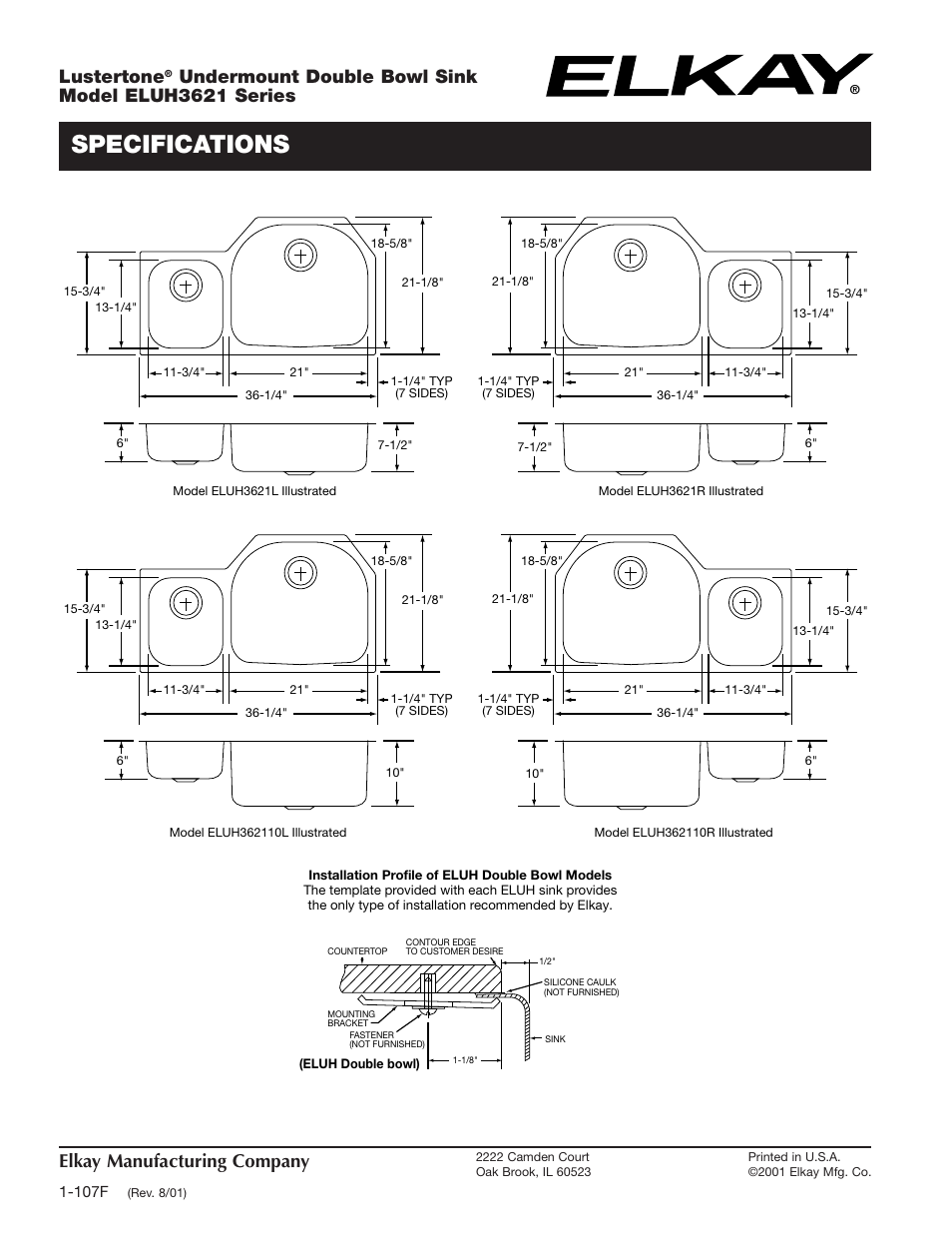 Specifications, Elkay manufacturing company, Lustertone | Undermount double bowl sink model eluh3621 series | Elkay ELUH3621 Series User Manual | Page 2 / 2