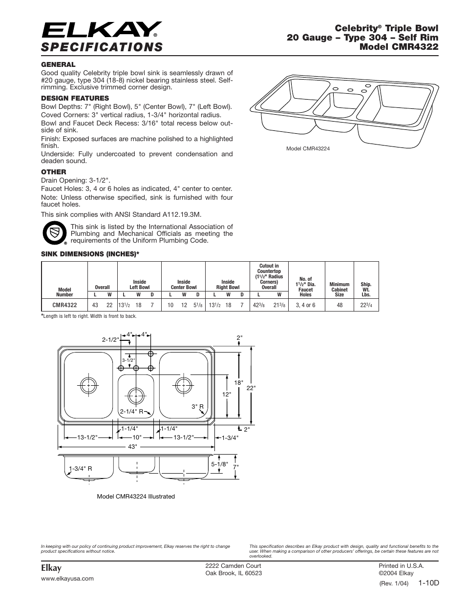 Elkay Celebrity CMR4322 User Manual | 1 page