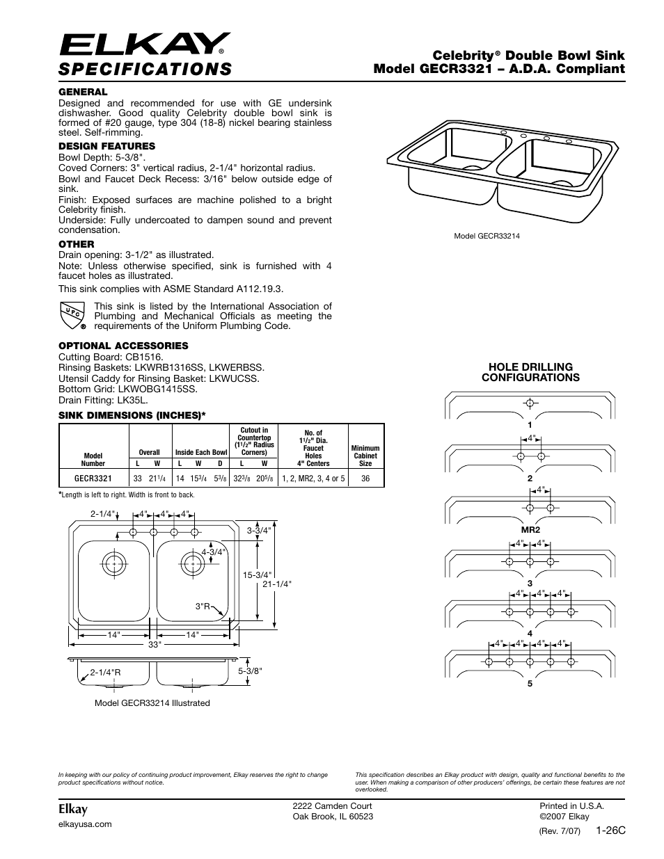 Elkay Celebrity GECR3321 User Manual | 1 page