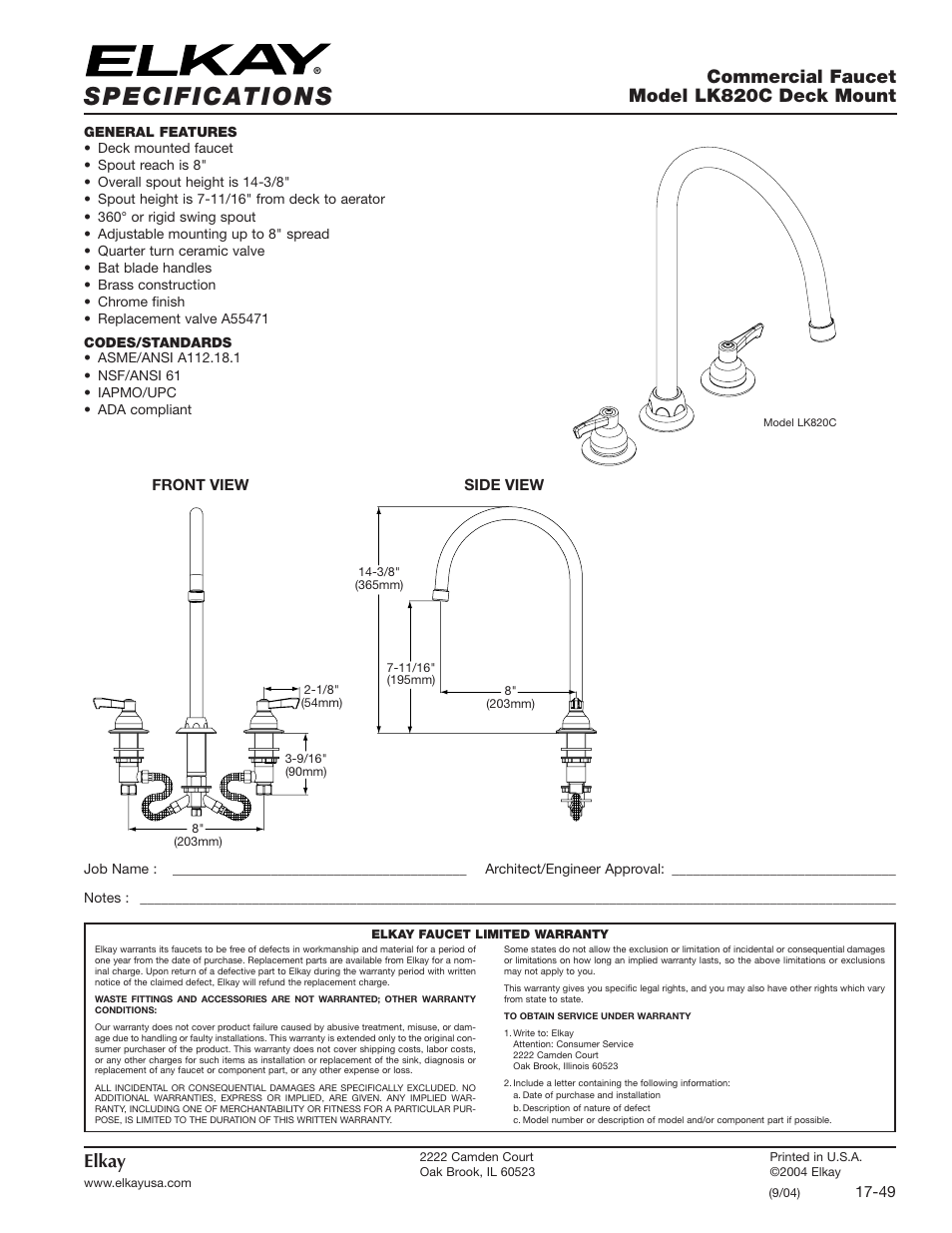 Elkay LK820C User Manual | 1 page