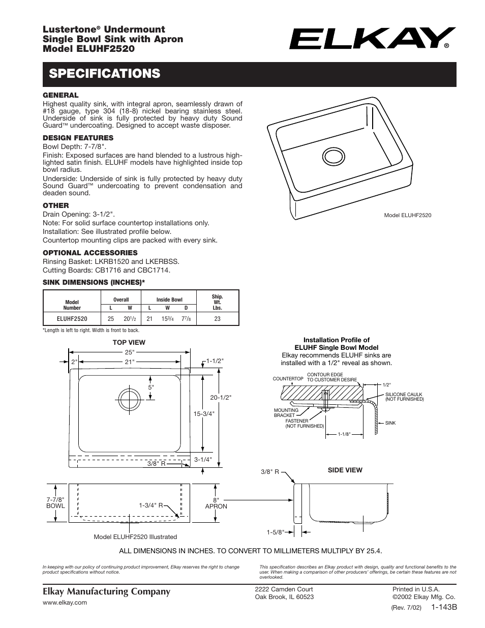 Elkay ELUHF2520 User Manual | 1 page
