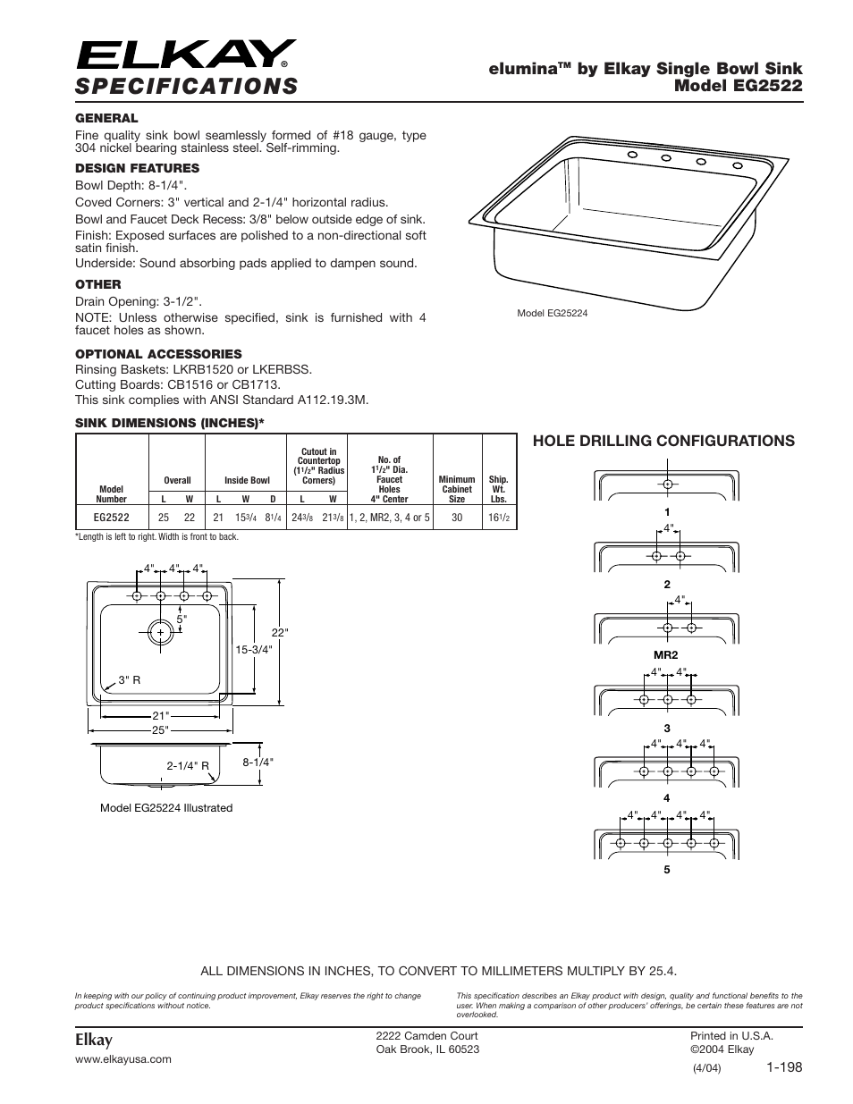 Elkay Elumina EG2522 User Manual | 1 page