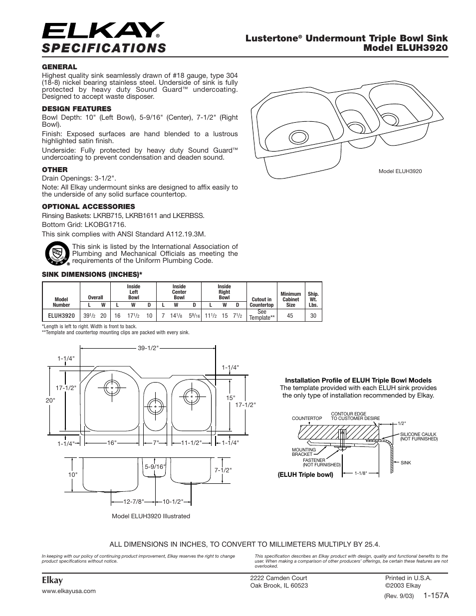 Elkay ELUH3920 User Manual | 1 page