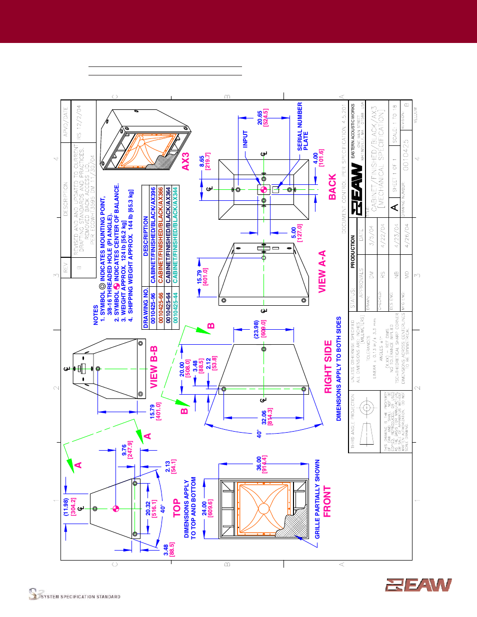Group · i, Right side vi ew b- b, Fr o n t | Vi ew a- a, Back, Ax 3, Enclosure | EAW AX364 User Manual | Page 2 / 7
