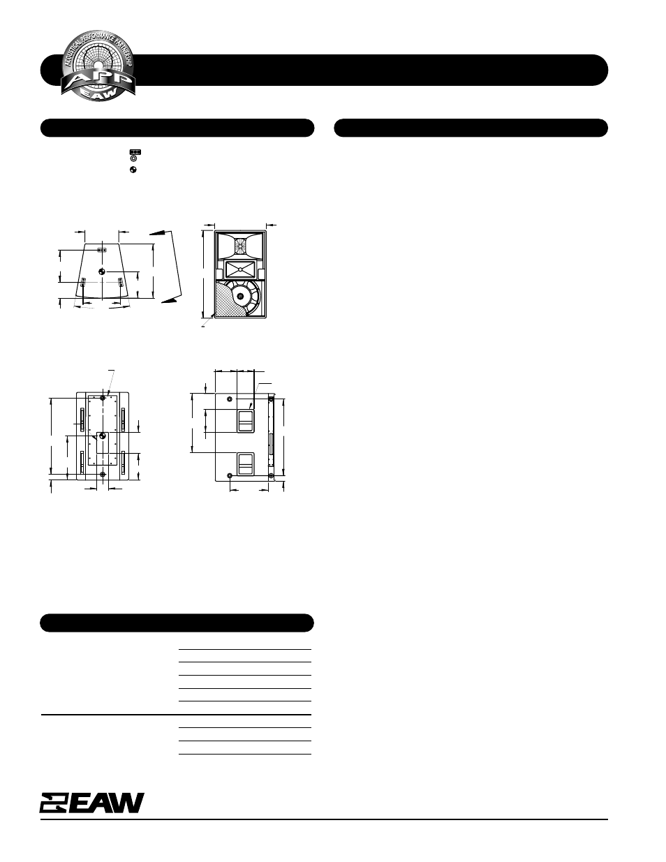 Specifications kf695z, Dimensional drawing a & e specifications, Physical continued | EAW KF695z User Manual | Page 2 / 2
