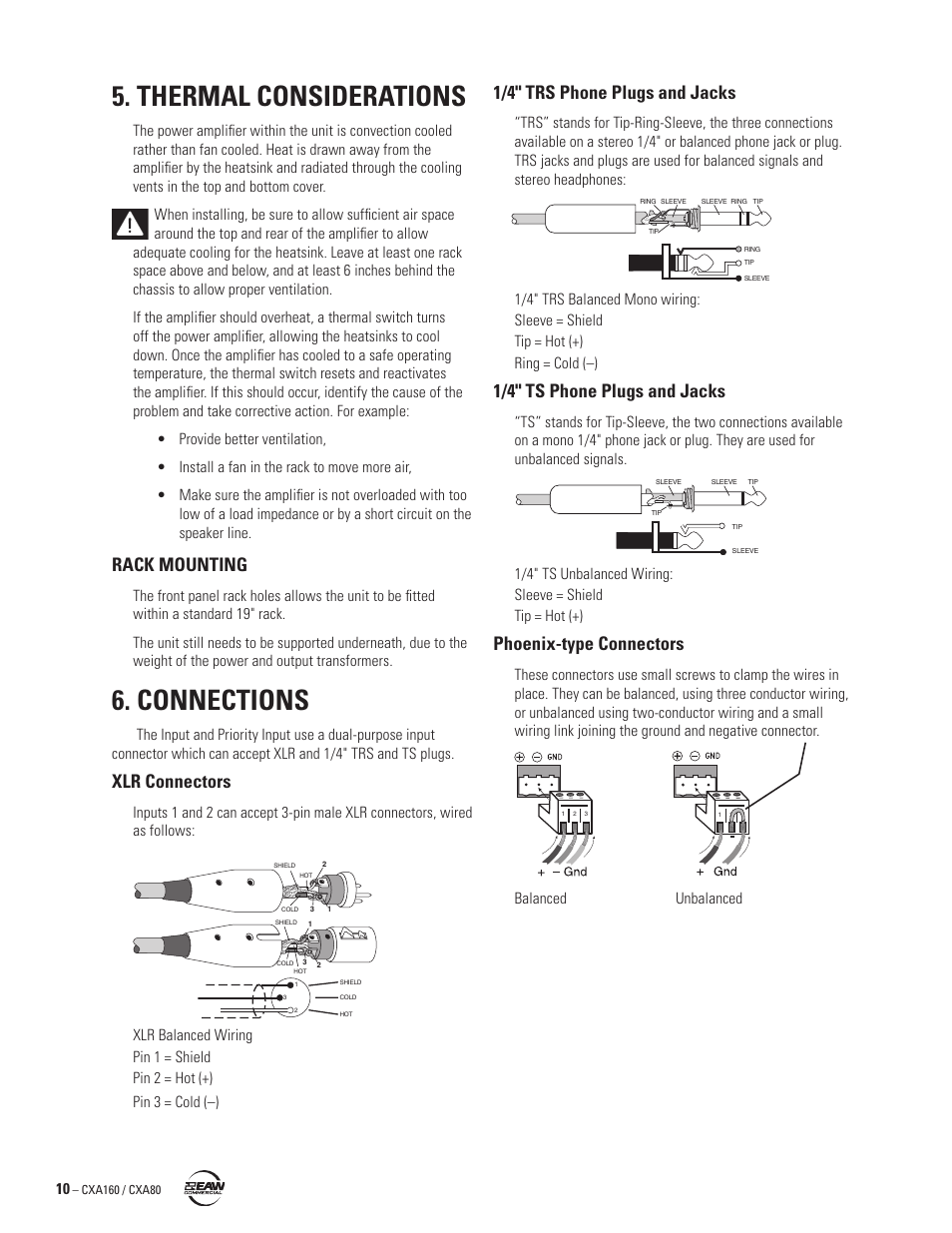 Thermal considerations, Connections, Rack mounting | Xlr connectors, 1/4" trs phone plugs and jacks, 1/4" ts phone plugs and jacks, Phoenix-type connectors | EAW CXA160 / CXA80 User Manual | Page 10 / 16