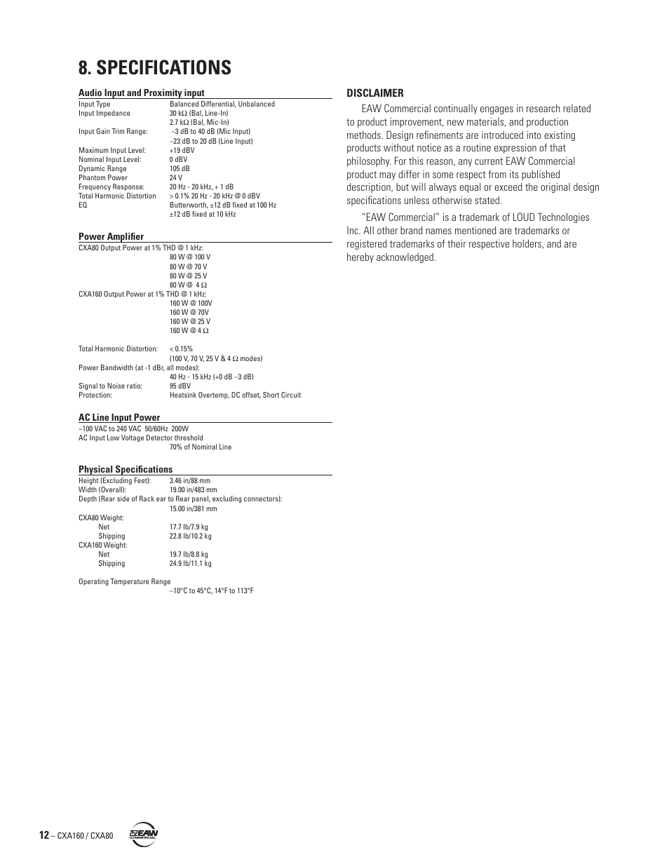 Specifications | EAW CXA160 / CXA80 User Manual | Page 12 / 16