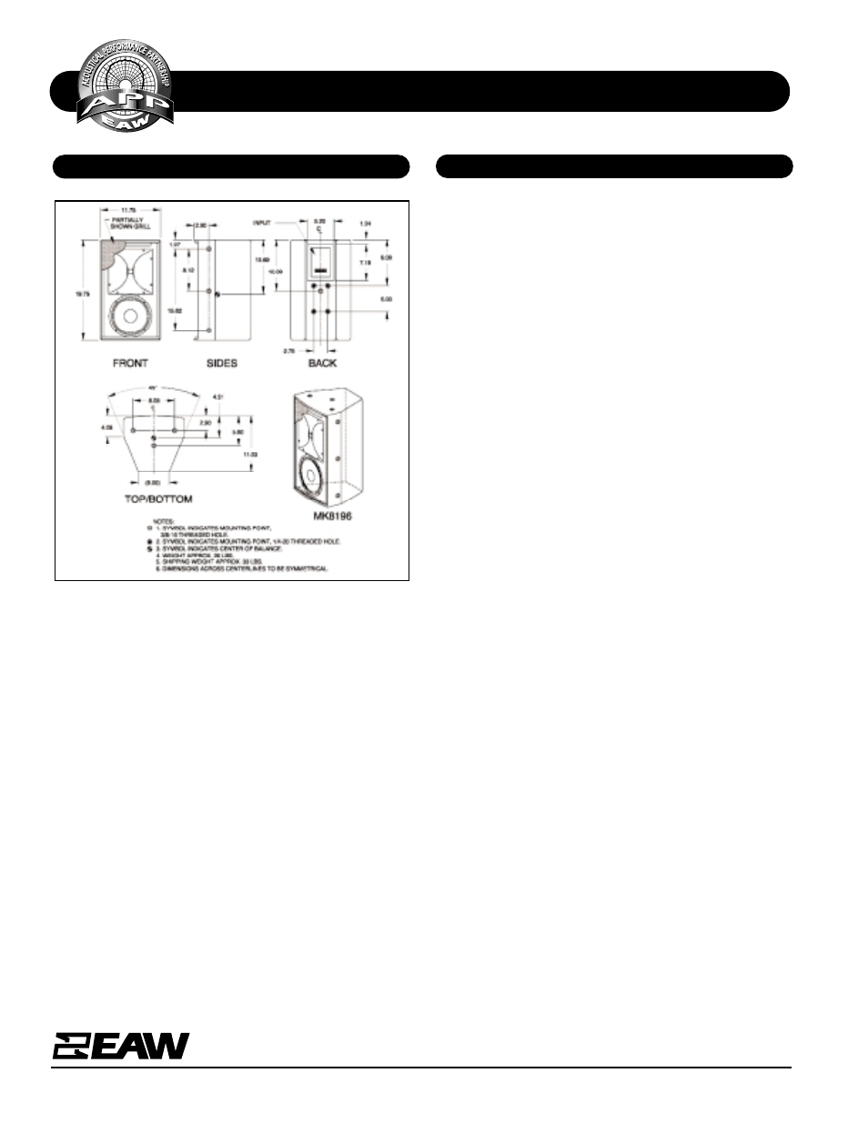Specifications mk8196, Dimensional drawing a & e specifications | EAW MK8196 User Manual | Page 2 / 2