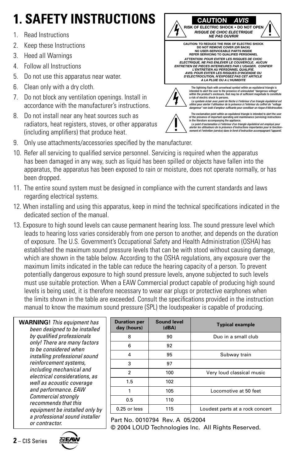 Safety instructions, Caution avis | EAW CIS80 User Manual | Page 2 / 8