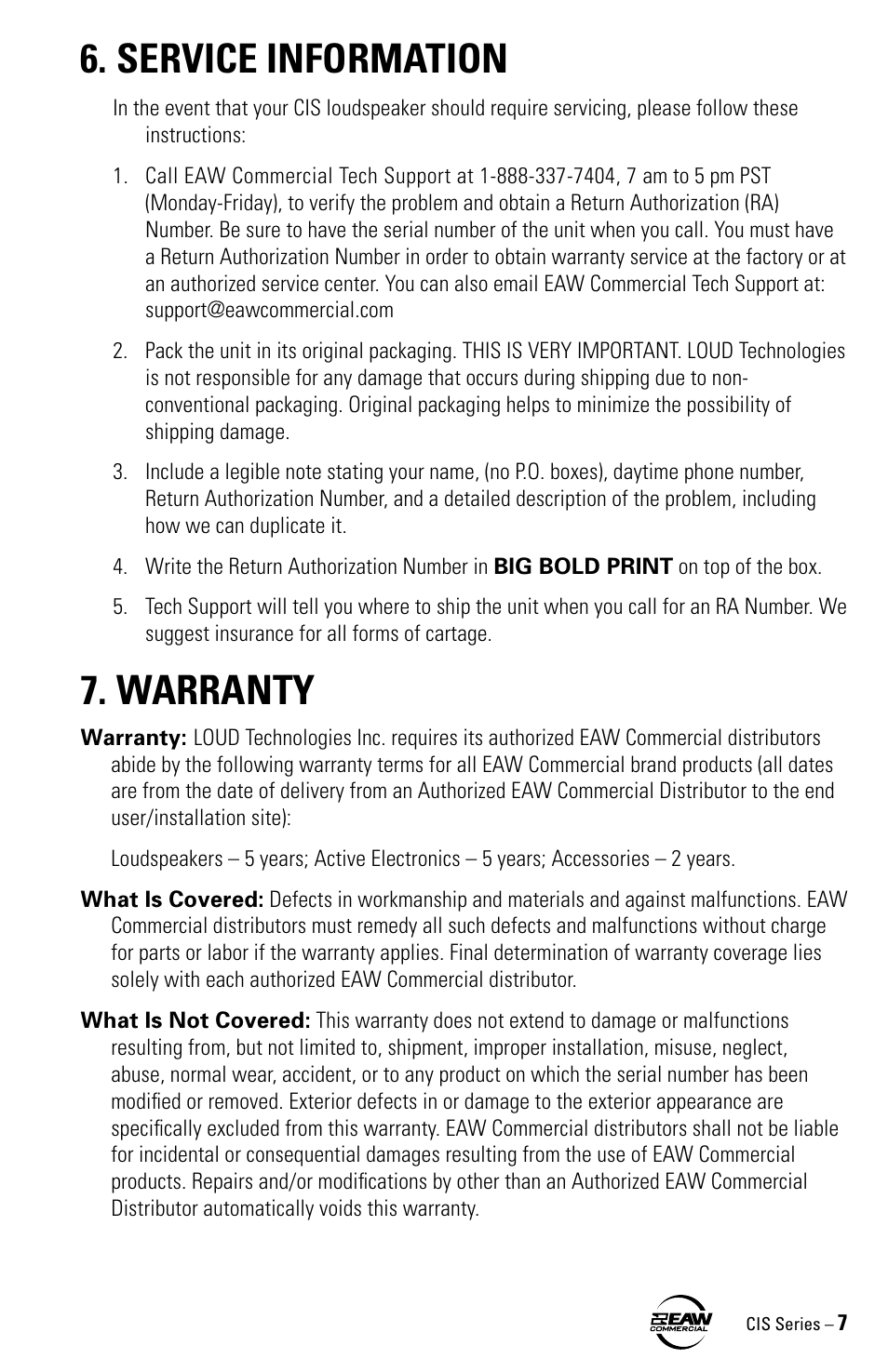 Service information, Warranty | EAW CIS80 User Manual | Page 7 / 8