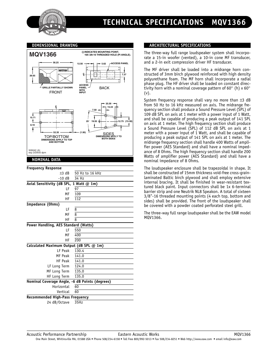 Technical specifications mqv1366, Mqv1366 | EAW MQV1366 User Manual | Page 2 / 2