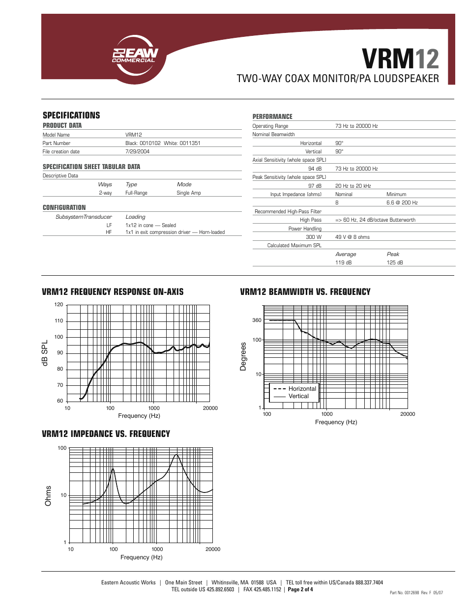 Vrm 12, Two-way coax monitor/pa loudspeaker, Specifications | Vrm12 frequency response on-axis, Vrm12 beamwidth vs. frequency, Vrm12 impedance vs. frequency, Db spl degrees, Ohm s | EAW VRM12 User Manual | Page 2 / 4