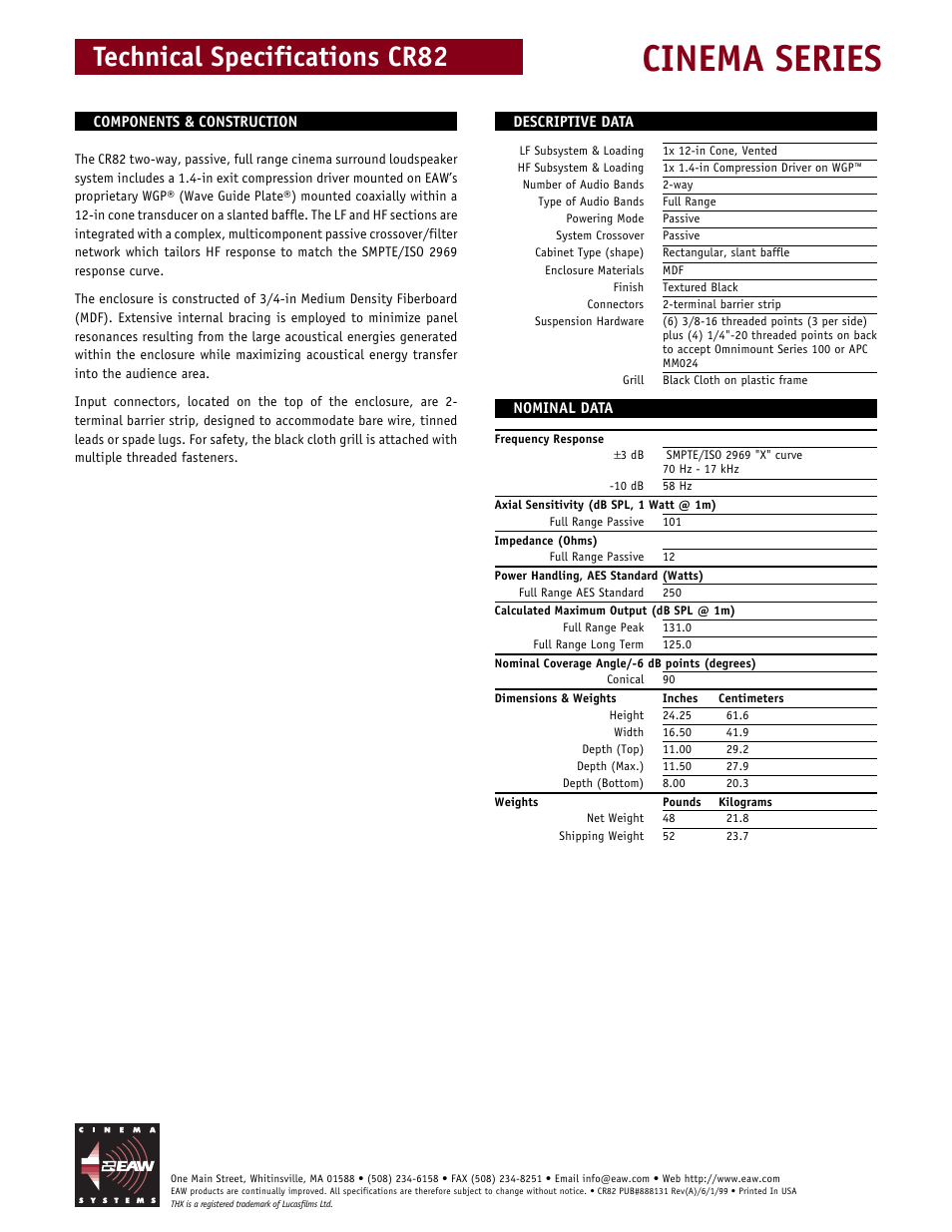 Cinema series, Technical specifications cr82 | EAW CR82 User Manual | Page 2 / 2