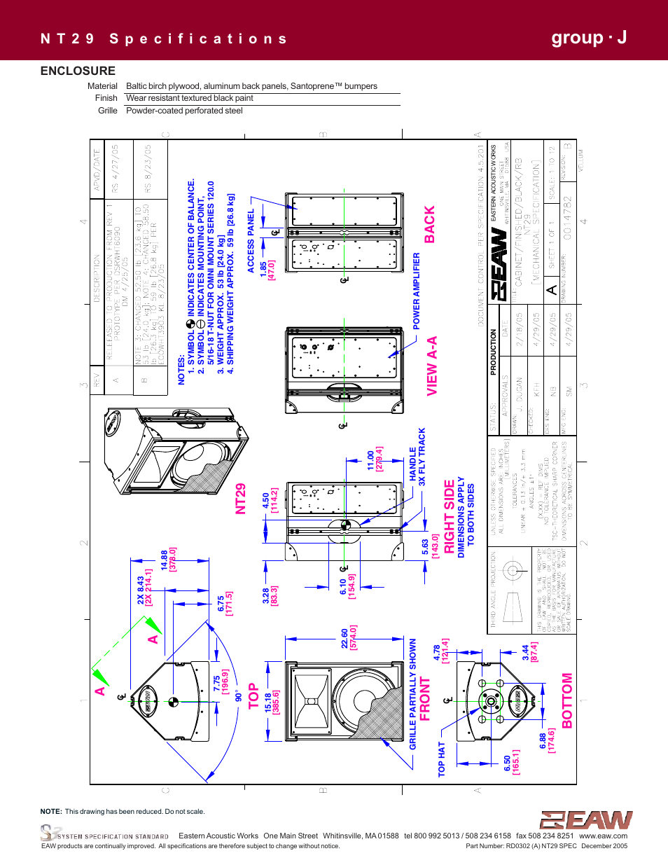 Group · j, Bo tto m, Fr o n t | Right s ide, Nt 29, Vi ew a -a, Back, Enclosure | EAW NT29 User Manual | Page 2 / 7