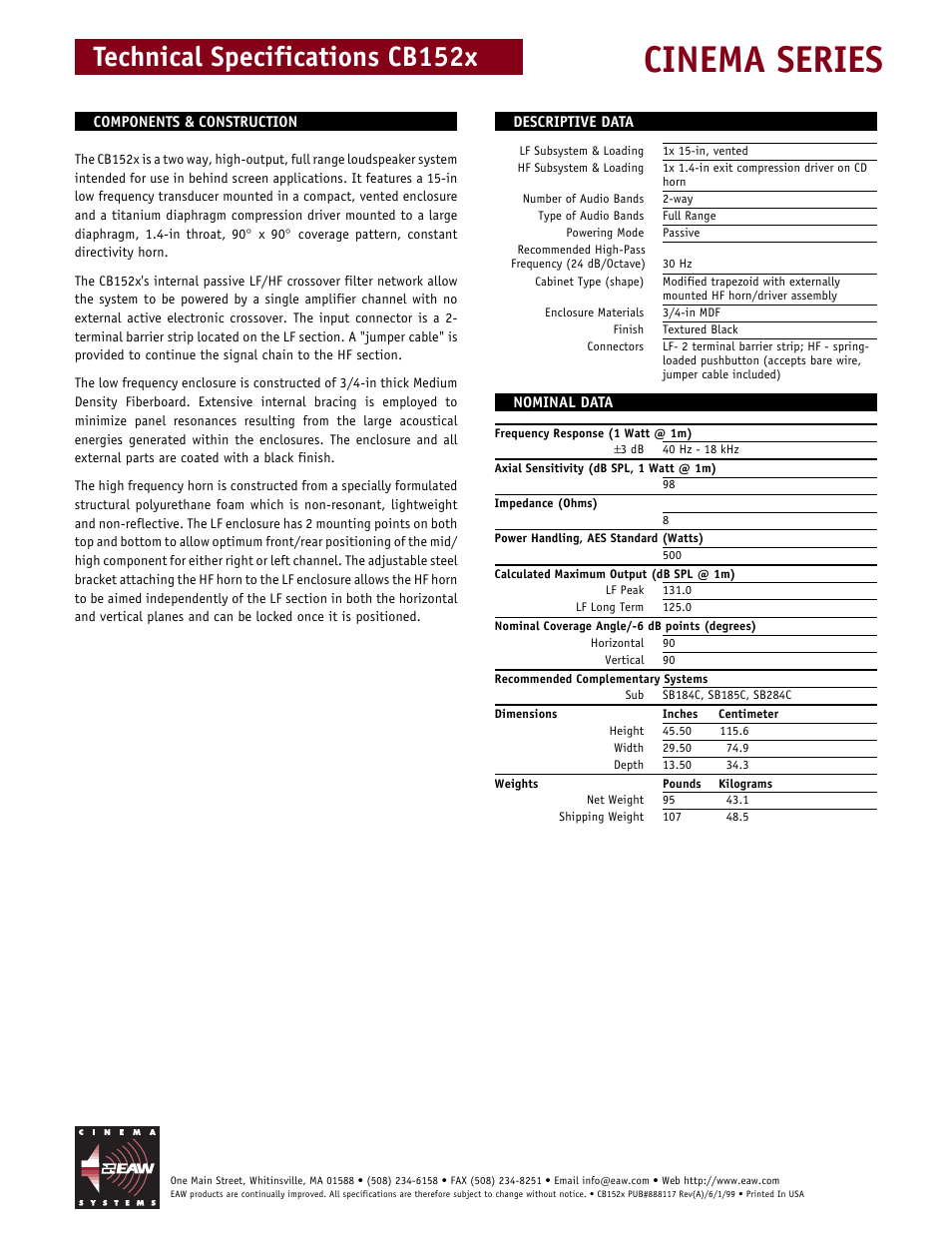 Cinema series, Technical specifications cb152x | EAW CB152x User Manual | Page 2 / 2
