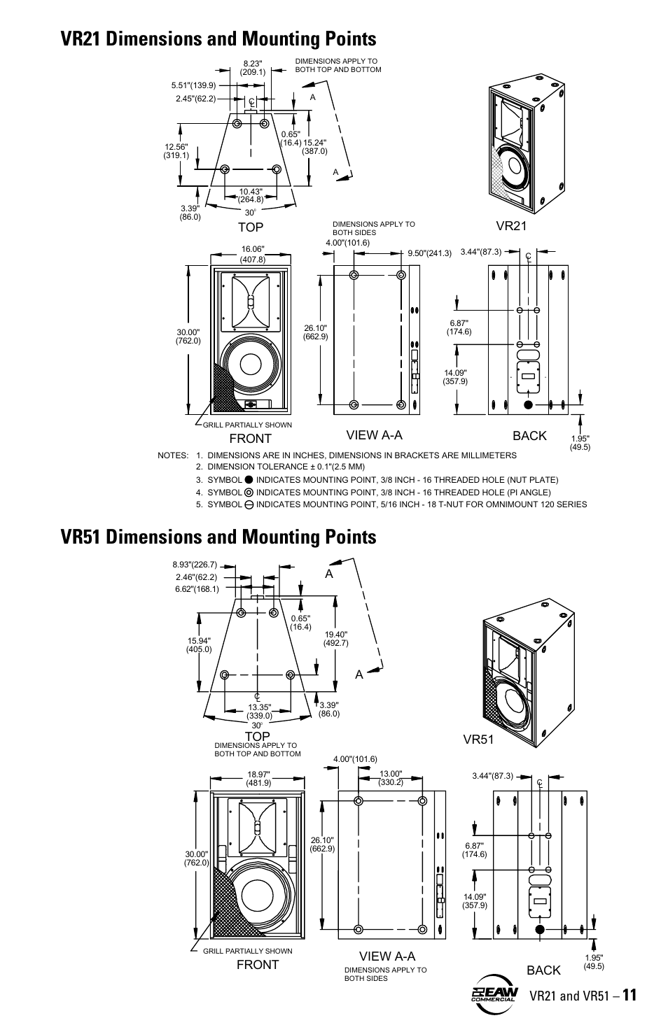 Dimensions, Avr51, View a-a front | Back, Vr21 | EAW VR21 User Manual | Page 11 / 16
