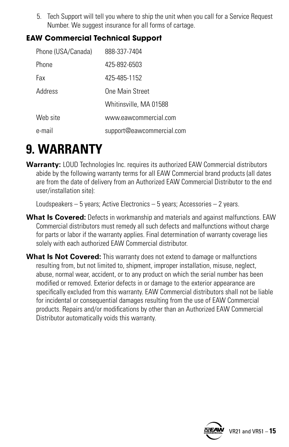 Warranty | EAW VR21 User Manual | Page 15 / 16