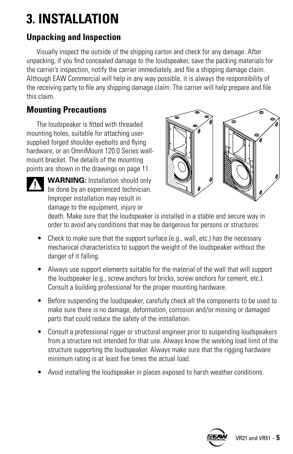 Installation, Unpacking and inspection, Mounting precautions | EAW VR21 User Manual | Page 5 / 16