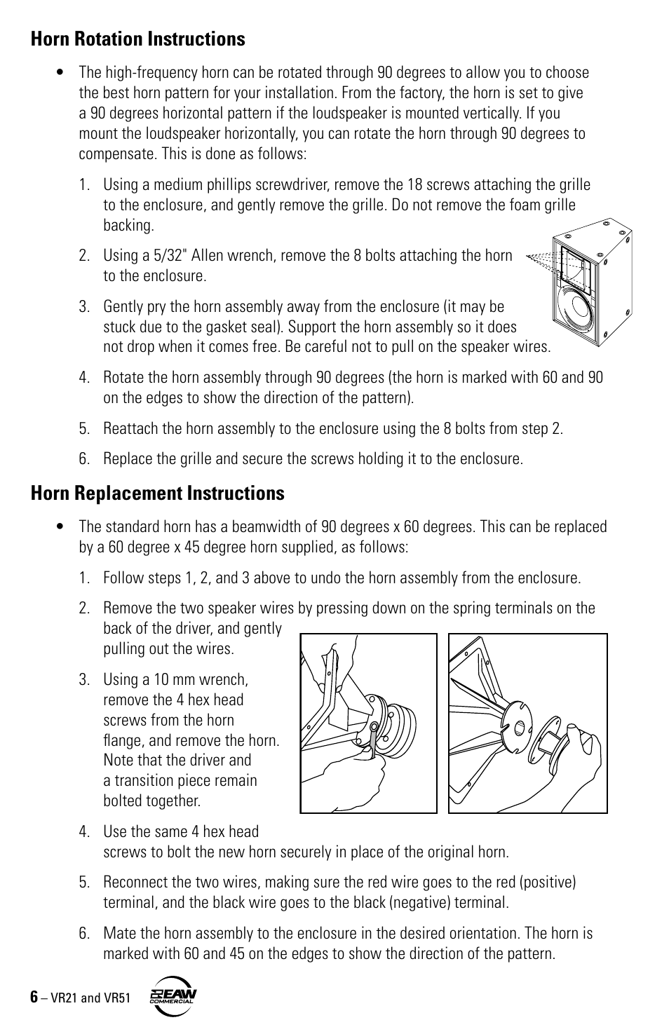 Horn rotation instructions, Horn replacement instructions | EAW VR21 User Manual | Page 6 / 16
