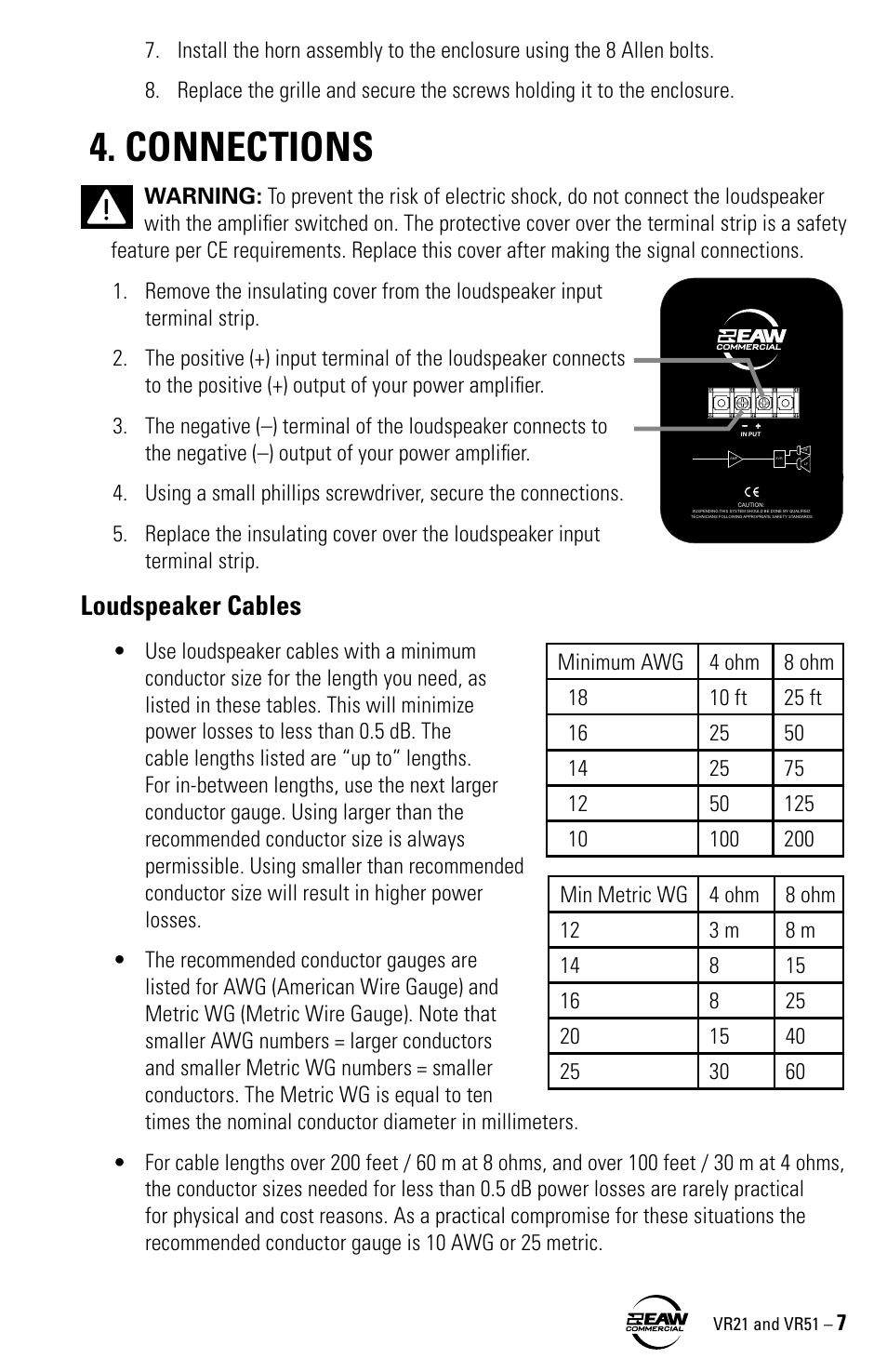Connections, Loudspeaker cables | EAW VR21 User Manual | Page 7 / 16