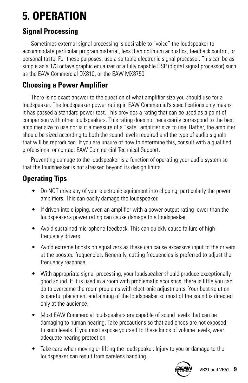 Operation, Signal processing, Choosing a power amplifier | Operating tips | EAW VR21 User Manual | Page 9 / 16