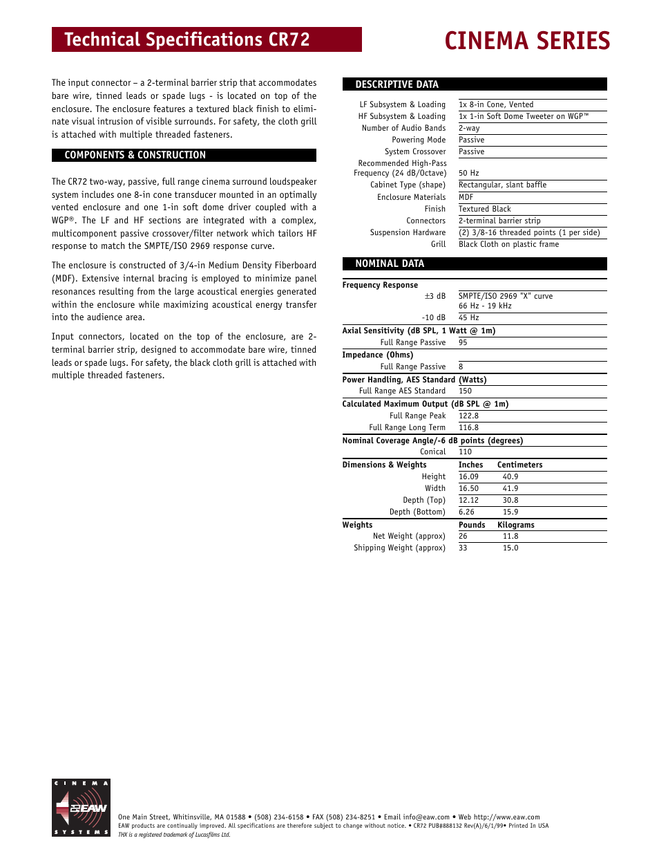 Cinema series, Technical specifications cr72 | EAW CR72 User Manual | Page 2 / 2