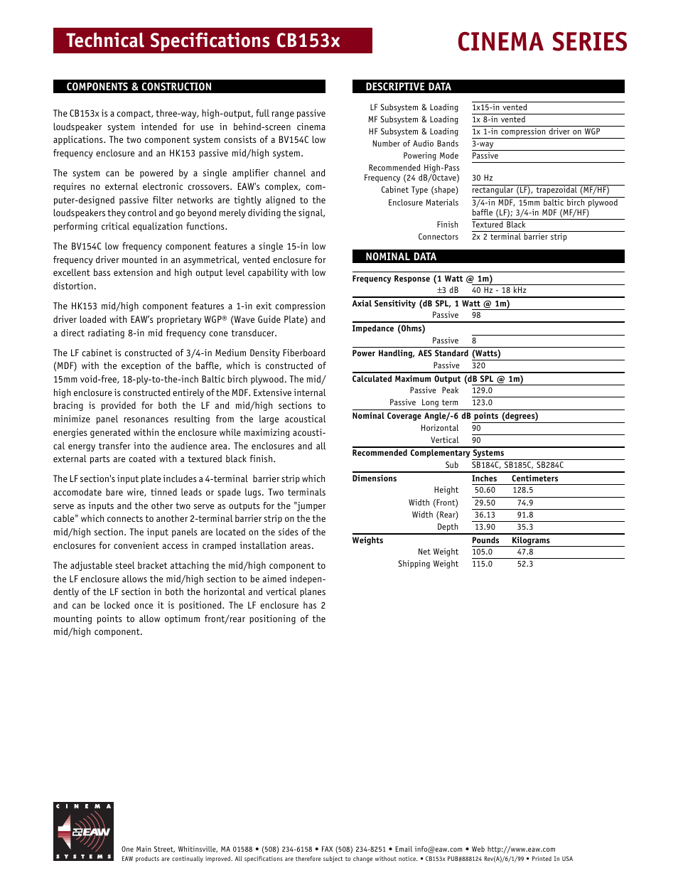 Cinema series, Technical specifications cb153x | EAW CB153X User Manual | Page 2 / 2