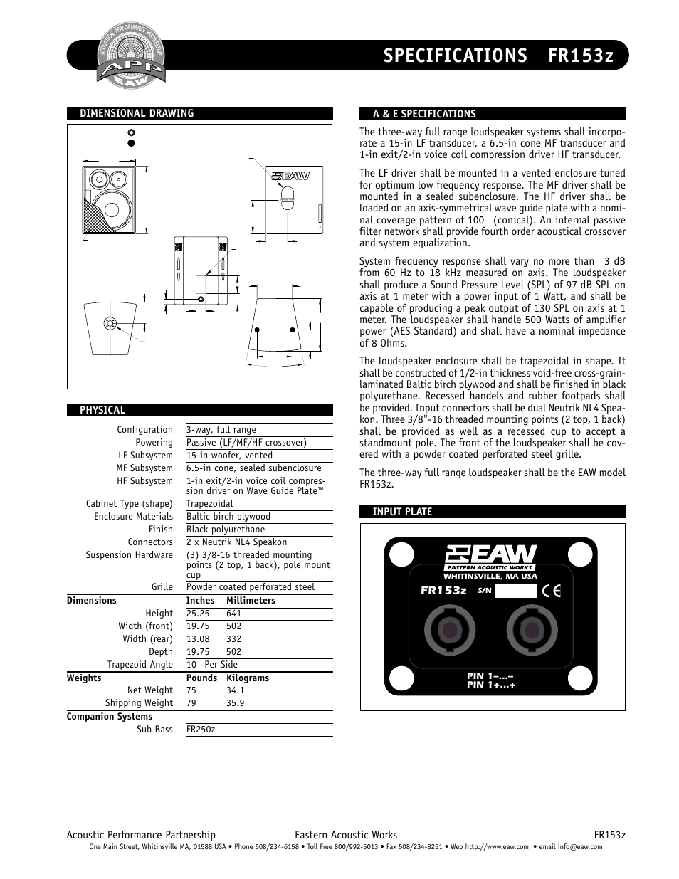 Specifications fr153z, Fr153z, Dimensional drawings | EAW FR153z User Manual | Page 2 / 2