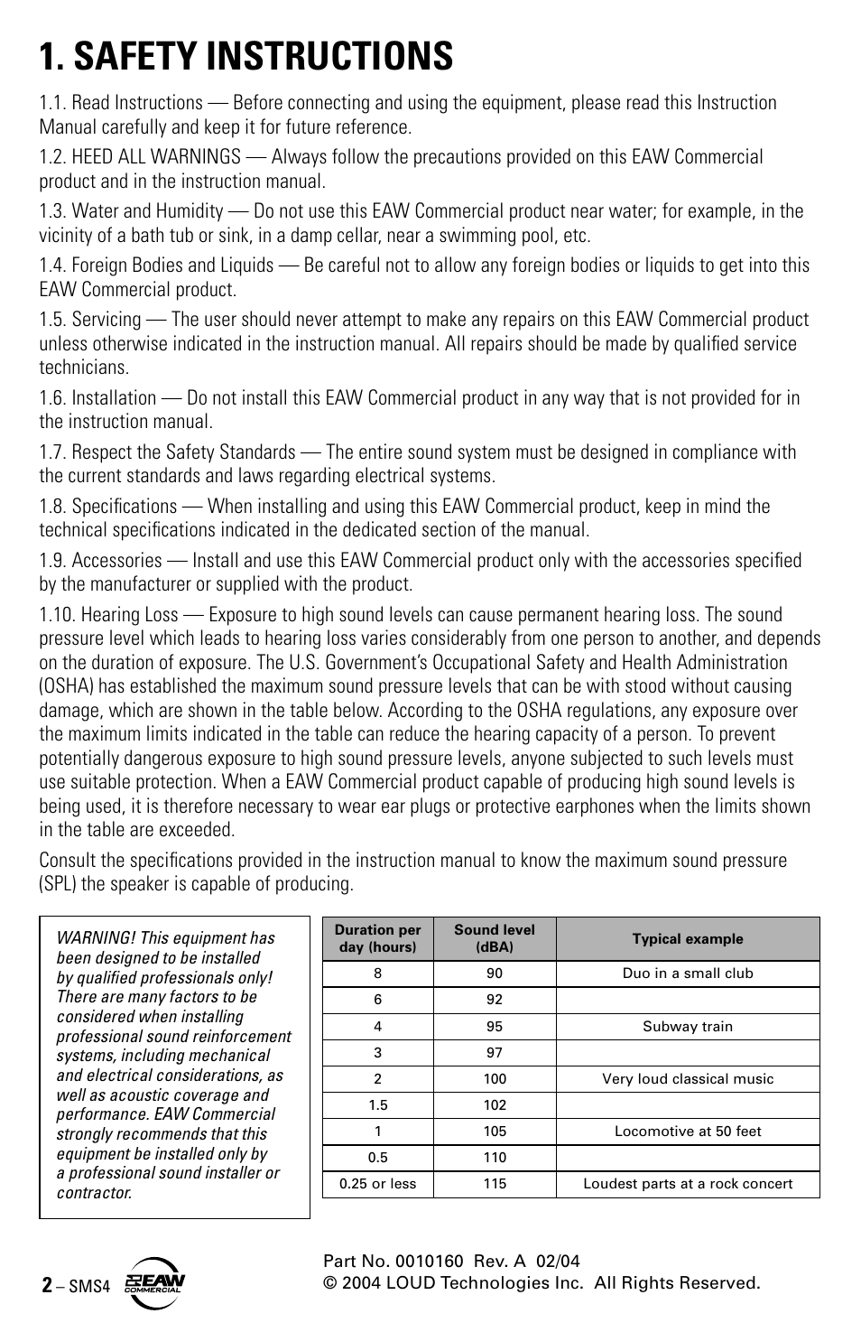 Safety instructions | EAW SMS4 User Manual | Page 2 / 8