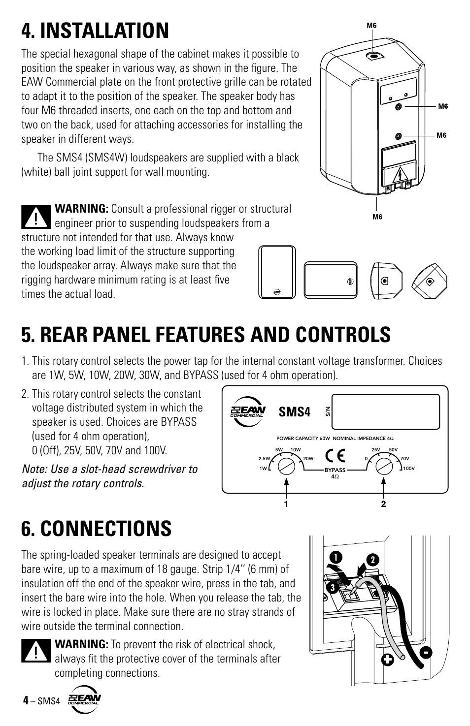 Installation, Rear panel features and controls, Connections | Sms4 | EAW SMS4 User Manual | Page 4 / 8