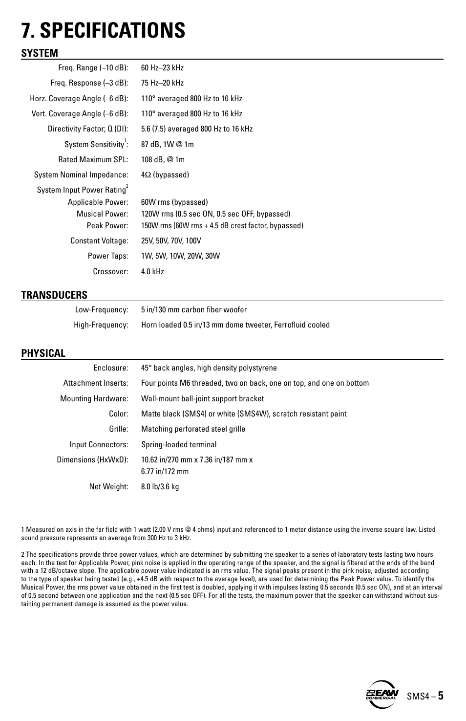 Specifications, System, Transducers | Physical | EAW SMS4 User Manual | Page 5 / 8