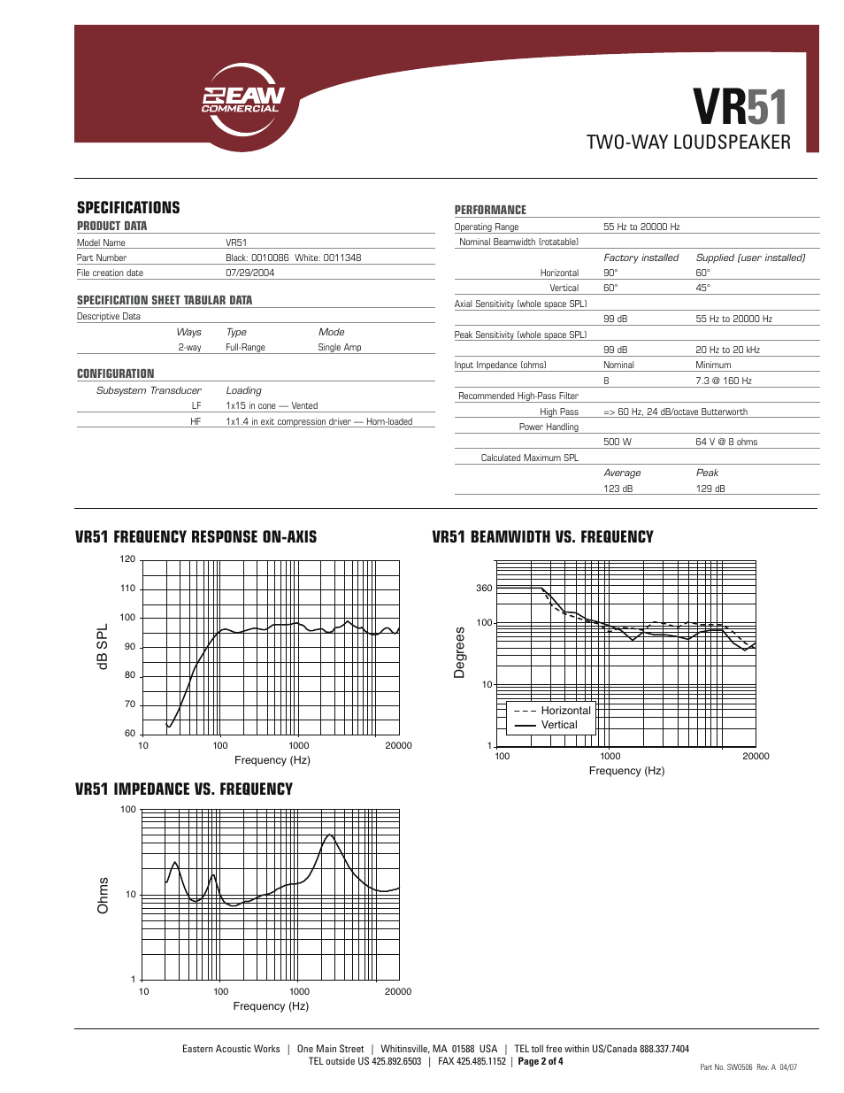 Vr 51, Two-way loudspeaker, Specifications | Vr51 frequency response on-axis, Vr51 beamwidth vs. frequency, Vr51 impedance vs. frequency, Db spl degrees, Ohm s | EAW VR51 User Manual | Page 2 / 4