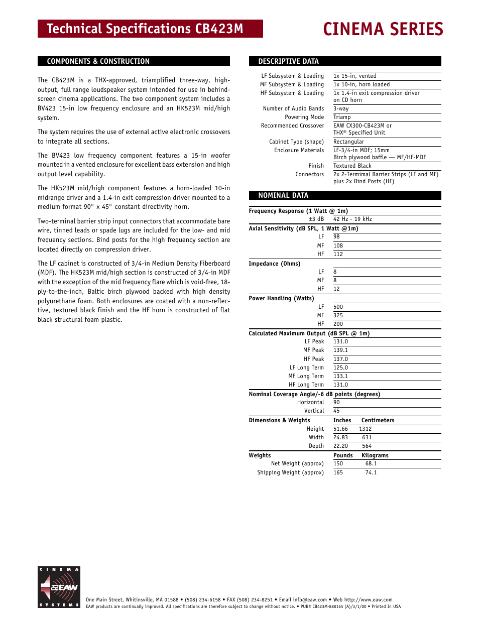 Cinema series, Technical specifications cb423m | EAW CB423M User Manual | Page 2 / 2