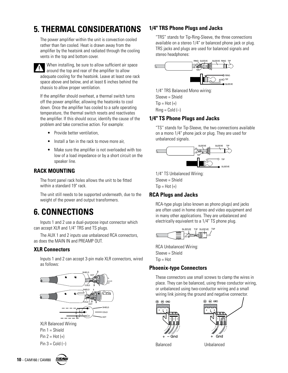Thermal considerations, Connections, Rack mounting | Xlr connectors, 1/4" trs phone plugs and jacks, 1/4" ts phone plugs and jacks, Rca plugs and jacks, Phoenix-type connectors | EAW CAM160 User Manual | Page 10 / 16