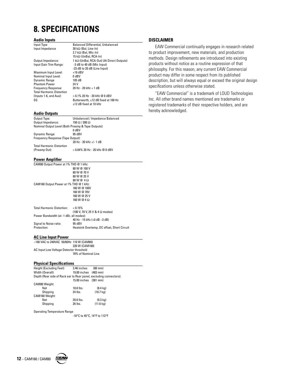 Specifications, Audio inputs, Audio outputs | Power amplifier, Ac line input power, Physical specifications | EAW CAM160 User Manual | Page 12 / 16