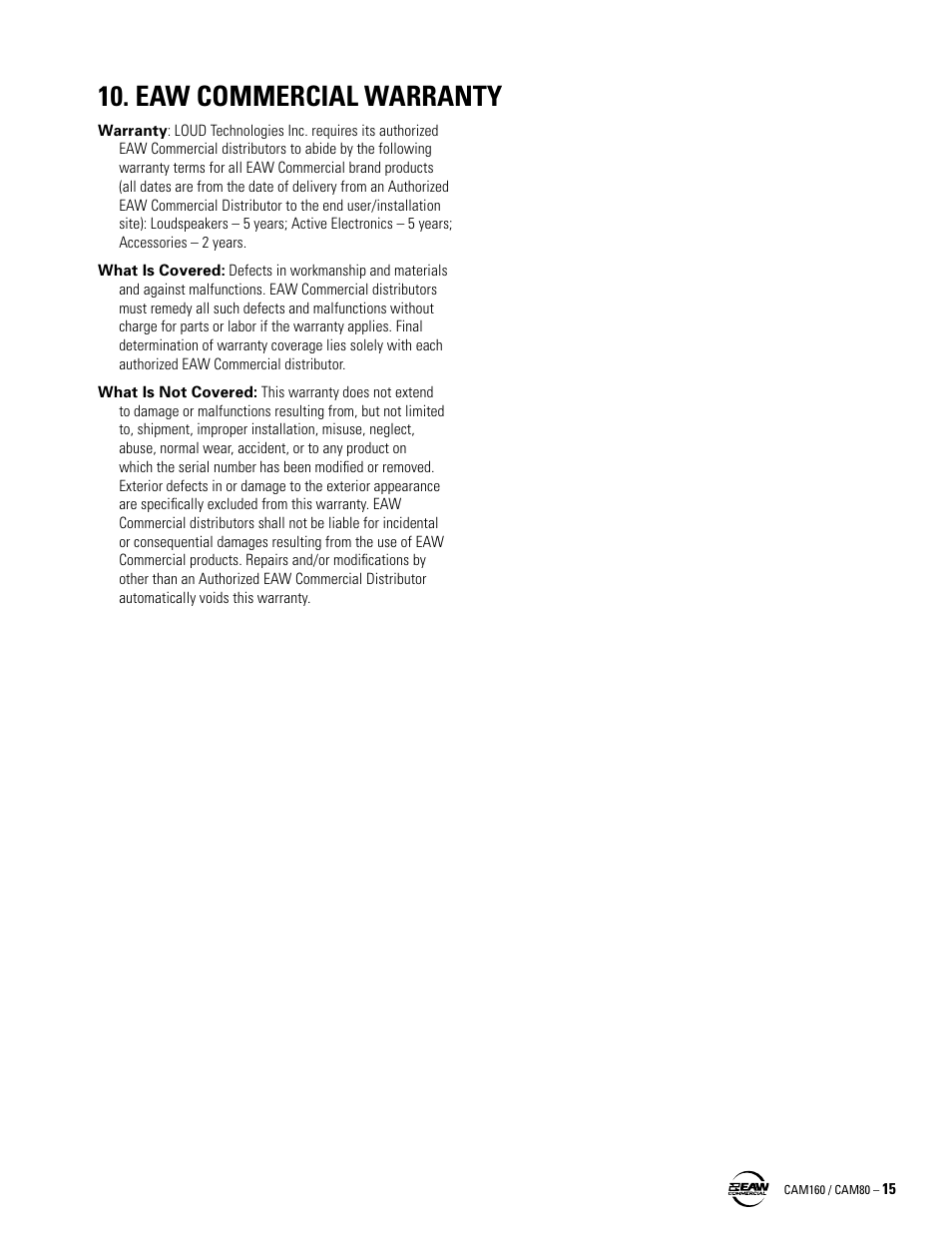 Eaw commercial warranty | EAW CAM160 User Manual | Page 15 / 16