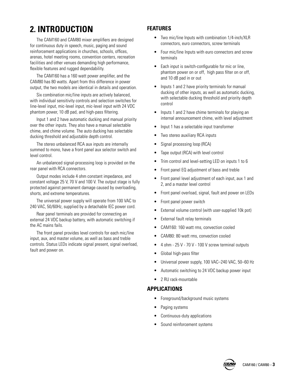 Introduction, Features, Applications | EAW CAM160 User Manual | Page 3 / 16