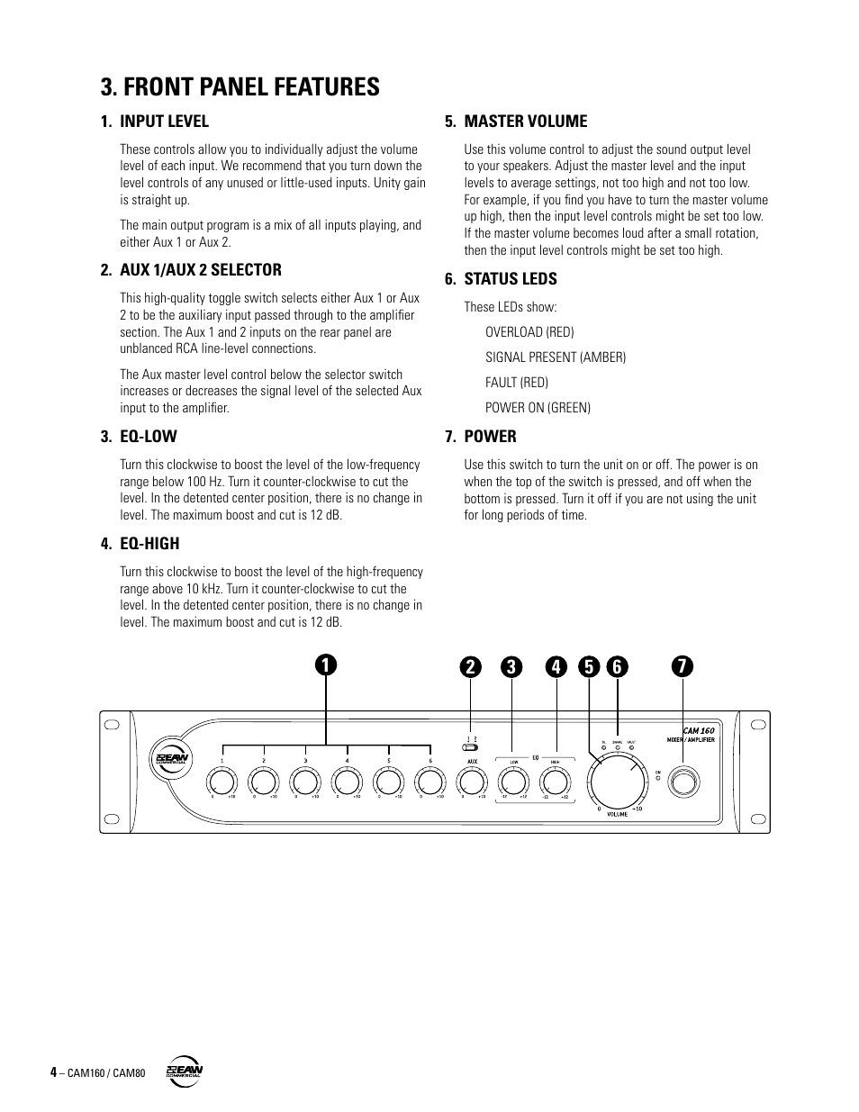 Front panel features | EAW CAM160 User Manual | Page 4 / 16