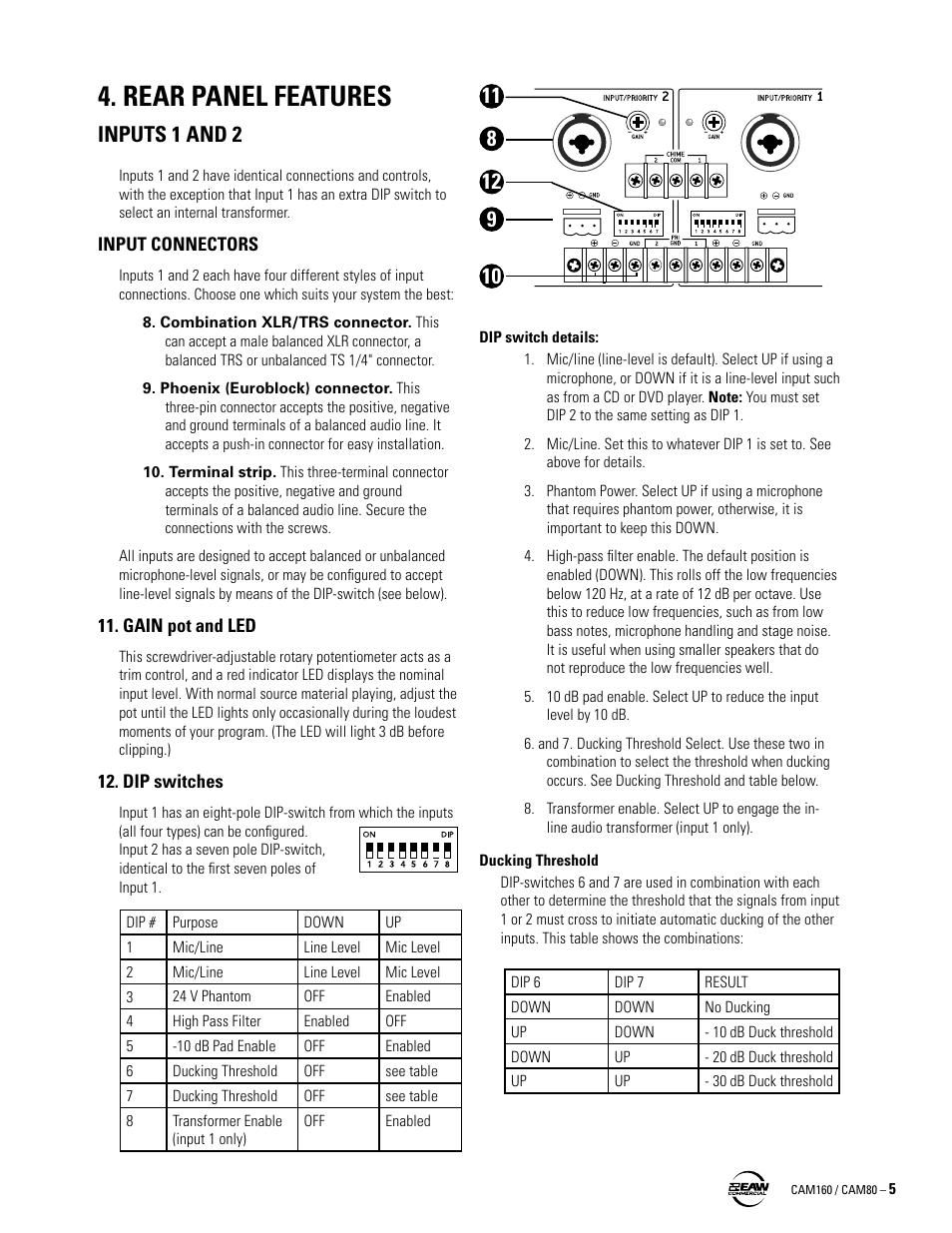 Rear panel features, Inputs 1 and | EAW CAM160 User Manual | Page 5 / 16