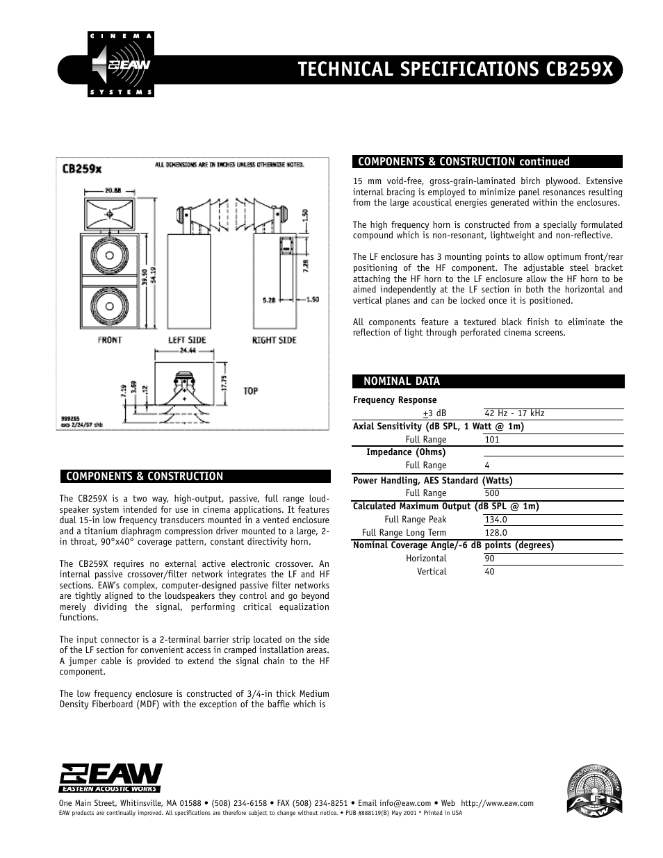 Technical specifications cb259x | EAW Cinema System CB259X User Manual | Page 2 / 2