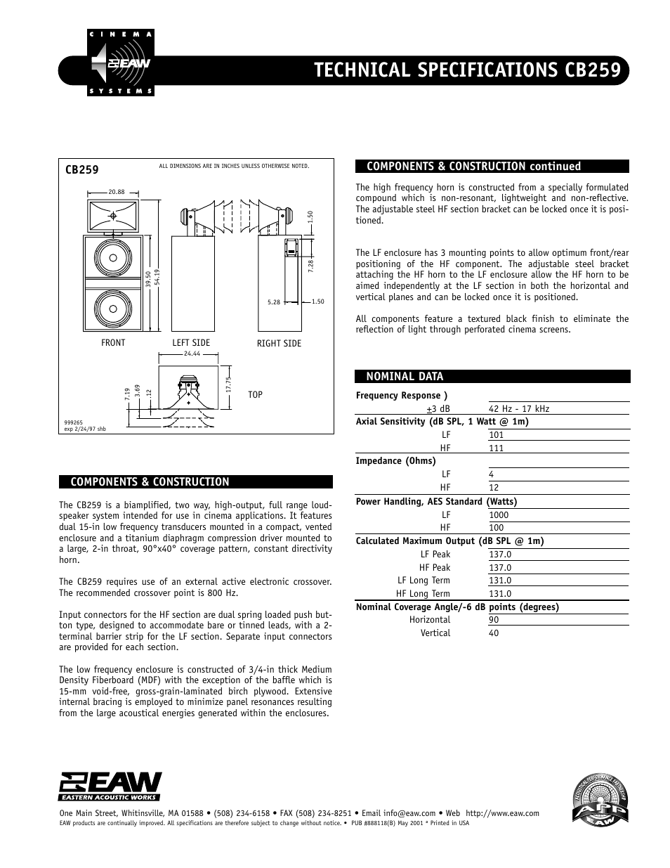 Technical specifications cb259, Cb259 | EAW CB259 User Manual | Page 2 / 2