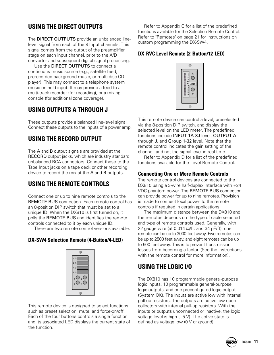 Using the direct outputs, Using outputs a through j, Using the record output | Using the remote controls, Using the logic i/o | EAW DX810 User Manual | Page 11 / 36
