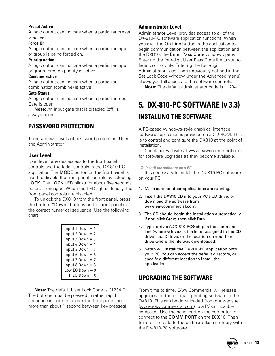 Password protection, Dx-810-pc software (v 3.3), Installing the software | Upgrading the software, Installing the software upgrading the software | EAW DX810 User Manual | Page 13 / 36