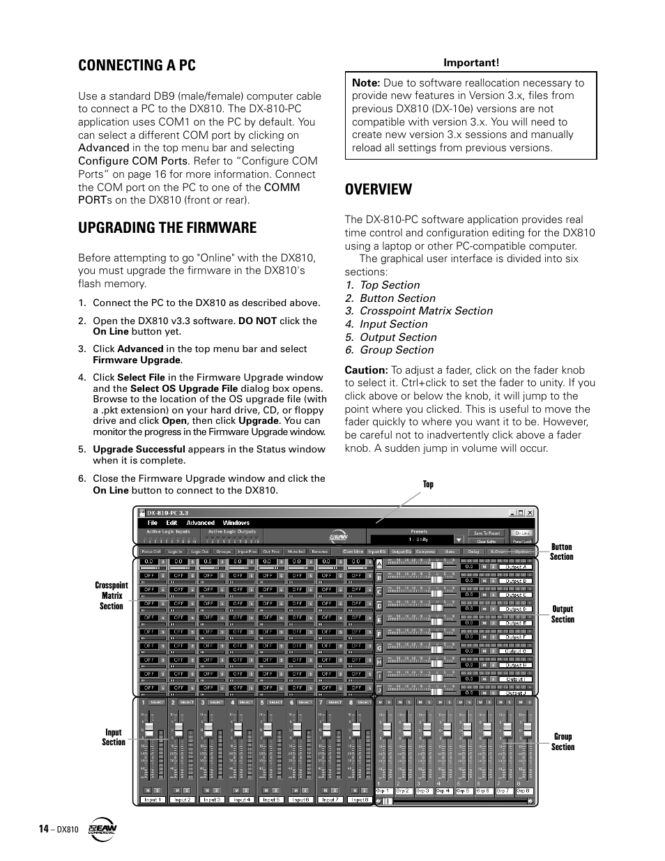 Connecting a pc, Upgrading the firmware, Overview | Connecting a pc upgrading the firmware overview | EAW DX810 User Manual | Page 14 / 36