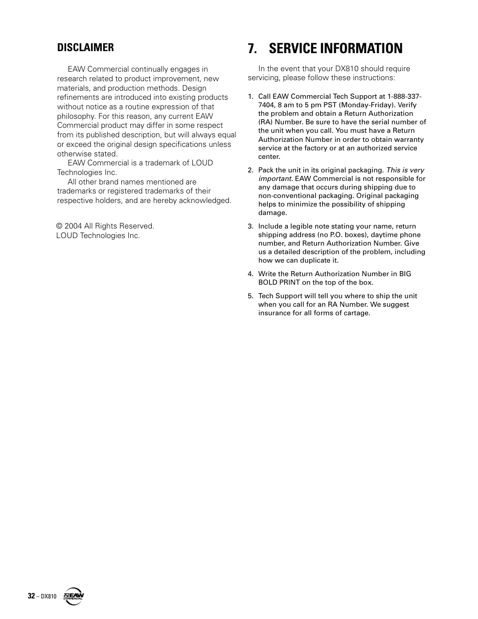 Service information, Disclaimer | EAW DX810 User Manual | Page 32 / 36