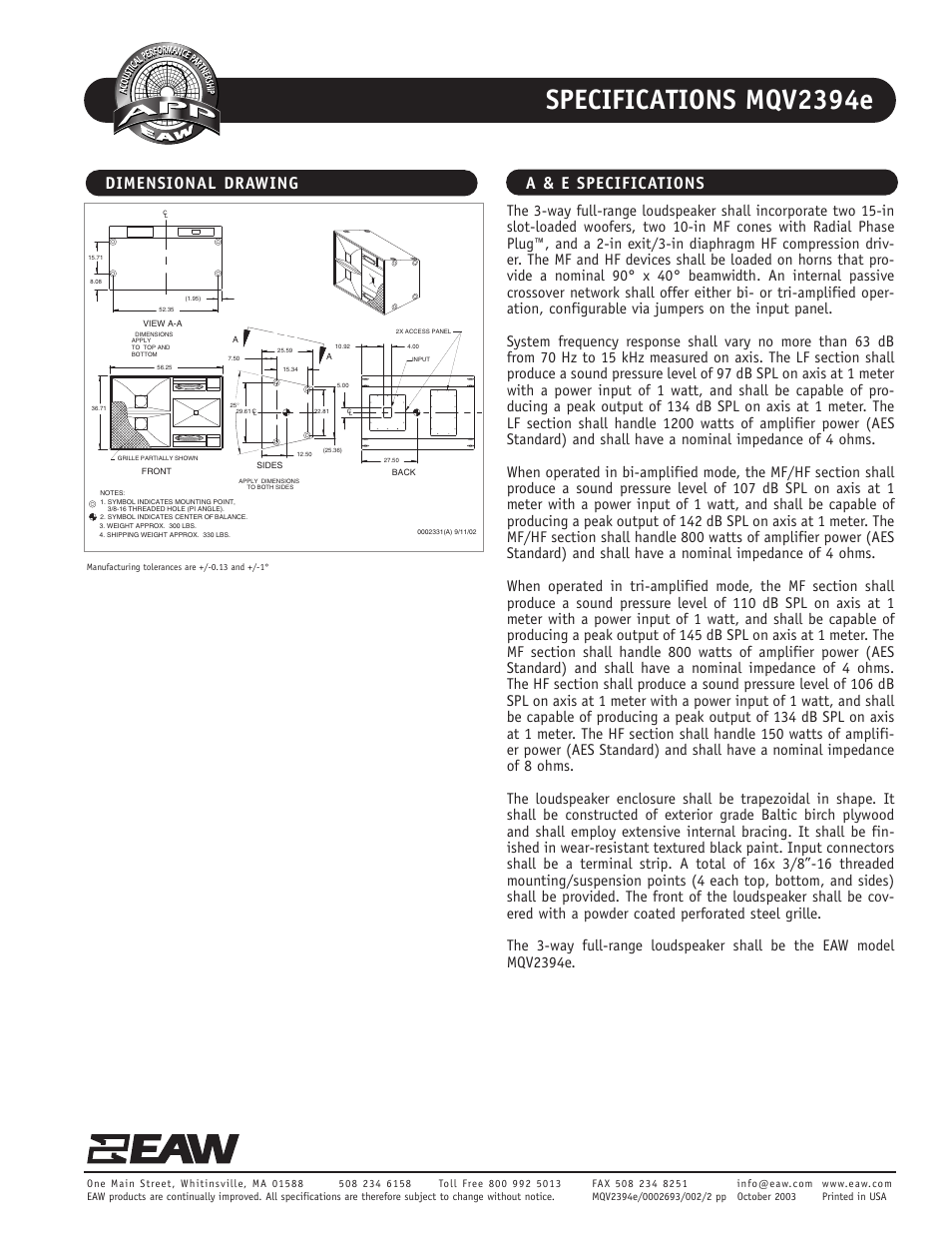 Specifications mqv2394e, Dimensional drawing a & e specifications | EAW MQV2394e User Manual | Page 2 / 2