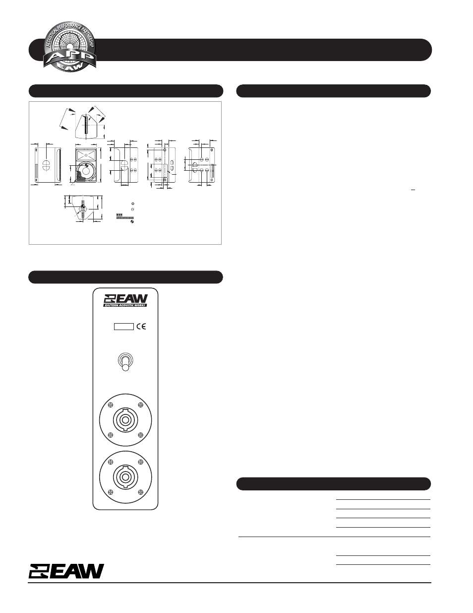 Specifications jfx260, Dimensional drawing a & e specifications, Physical continued input panel | Jfx260 | EAW JFX260 User Manual | Page 2 / 2