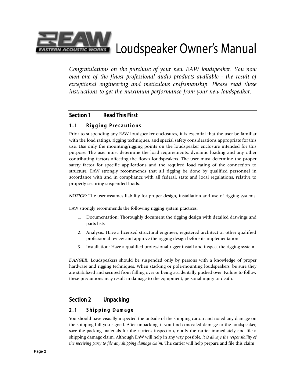 Loudspeaker owner’s manual | EAW 425017 User Manual | Page 2 / 8