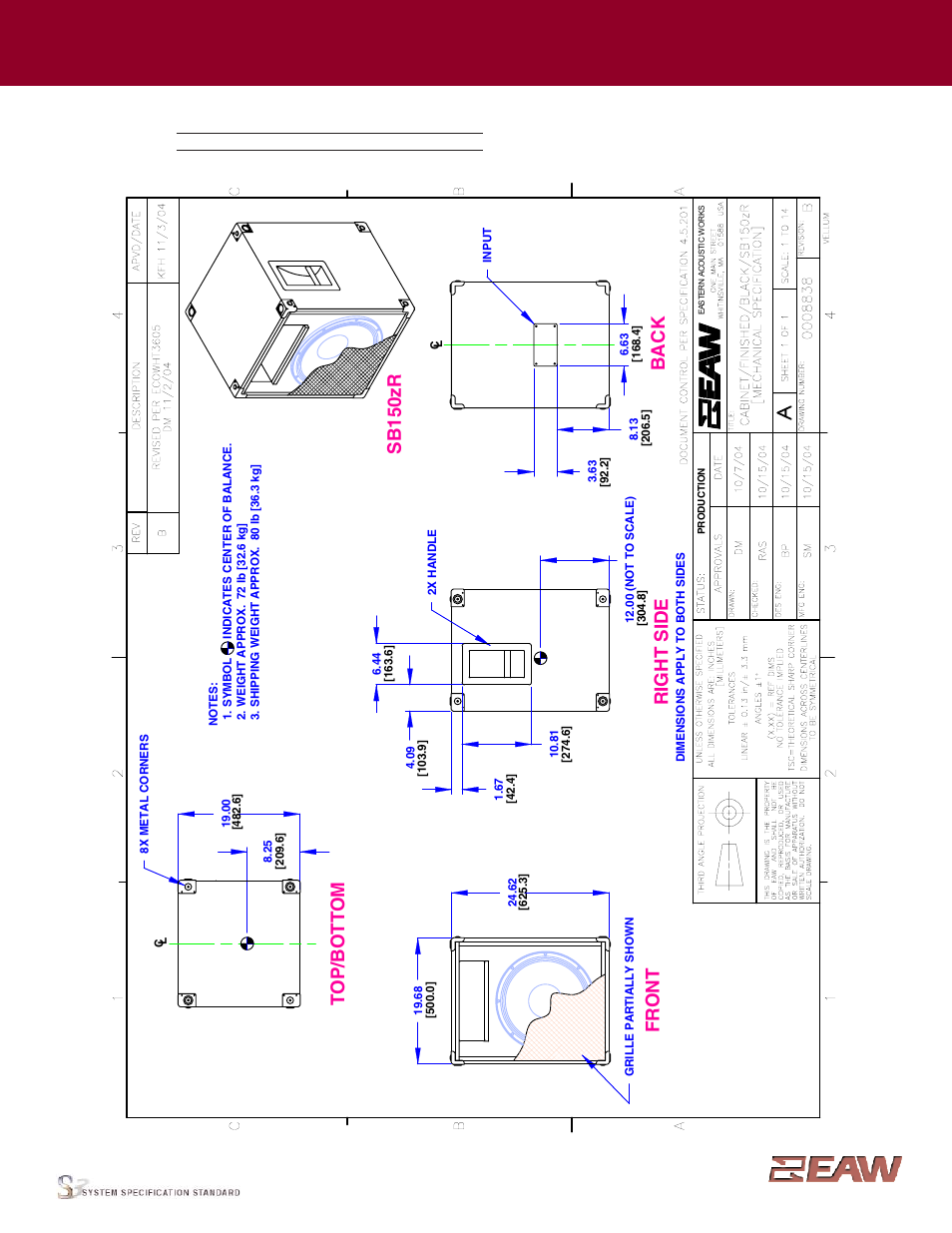 Group · j, Right s ide, Fr o n t | Back, Sb 150zr, Enclosure | EAW SB150zR User Manual | Page 2 / 4